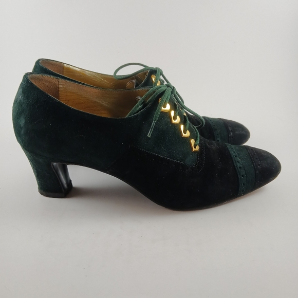 Escada Shoes - Vintage‎ ESCADA Green And Black Suede Lace-Up Bootie Heels Pumps Size 5.5 M